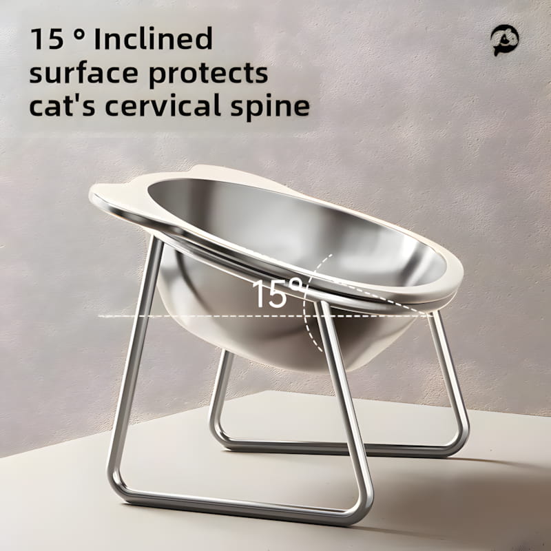 15° Tilted Stainless Steel Cat Bowl with Metal Stand - Elevated Neck Protection Feeder