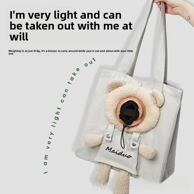 Cute 3D Bear Canvas Pet Carrier Tote - Breathable Head-Out Cat Shoulder Bag (Lightweight)