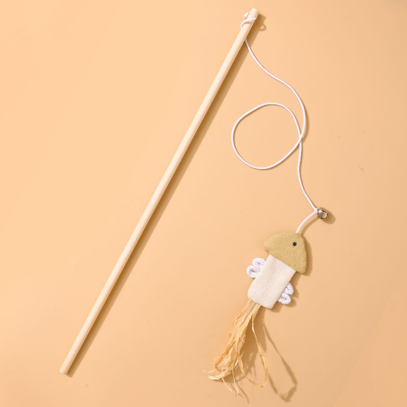 Handcrafted Wooden Cat Teaser Wand - Durable Natural Hemp Toy