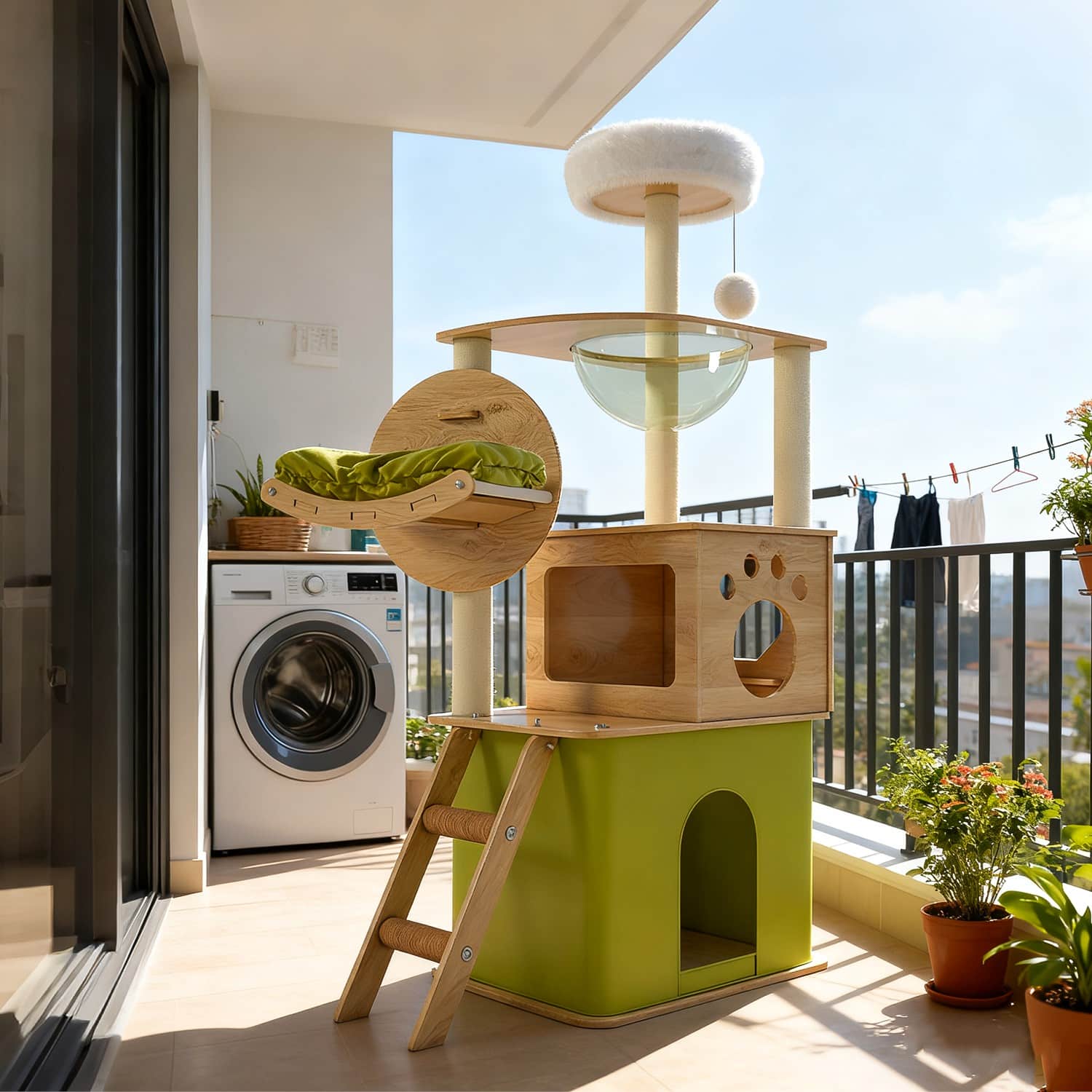 Modern Oxford Cloth Cat Tree Tower with Acrylic Space Capsule & Double Condos