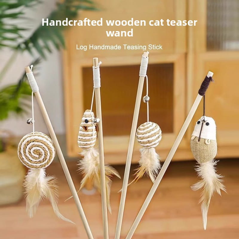Handcrafted Wooden Cat Teaser Wand - Durable Natural Hemp Toy