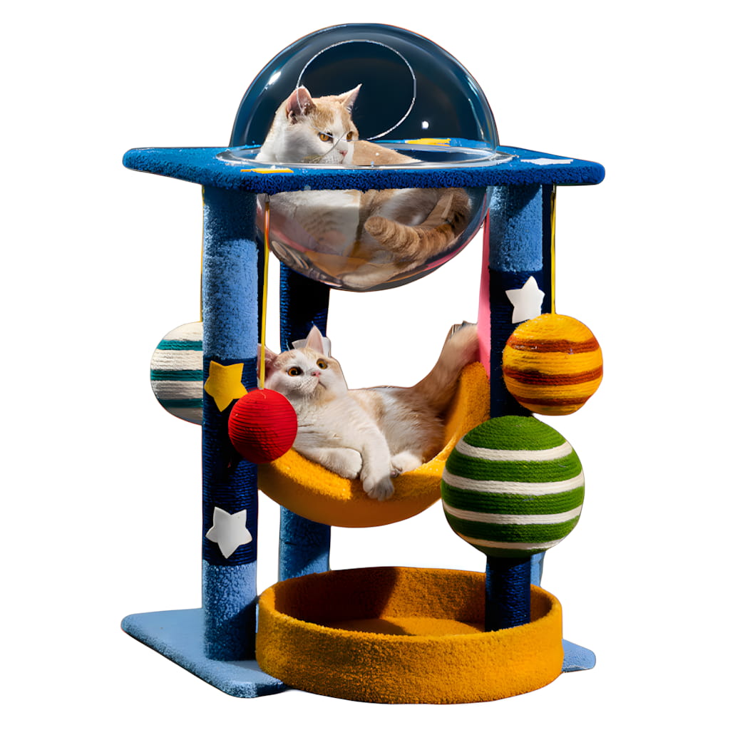 Galaxy Themed Cat Tree Tower with Acrylic Space Capsule - Teddy Velvet & Sisal Scratching Post Activity Center