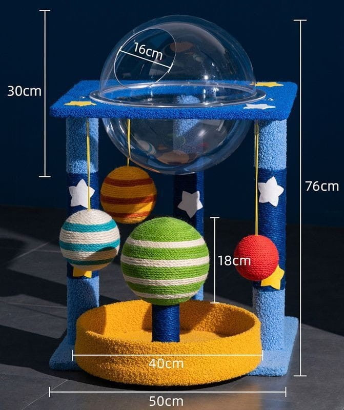 Galaxy Themed Cat Tree Tower with Acrylic Space Capsule - Teddy Velvet & Sisal Scratching Post Activity Center