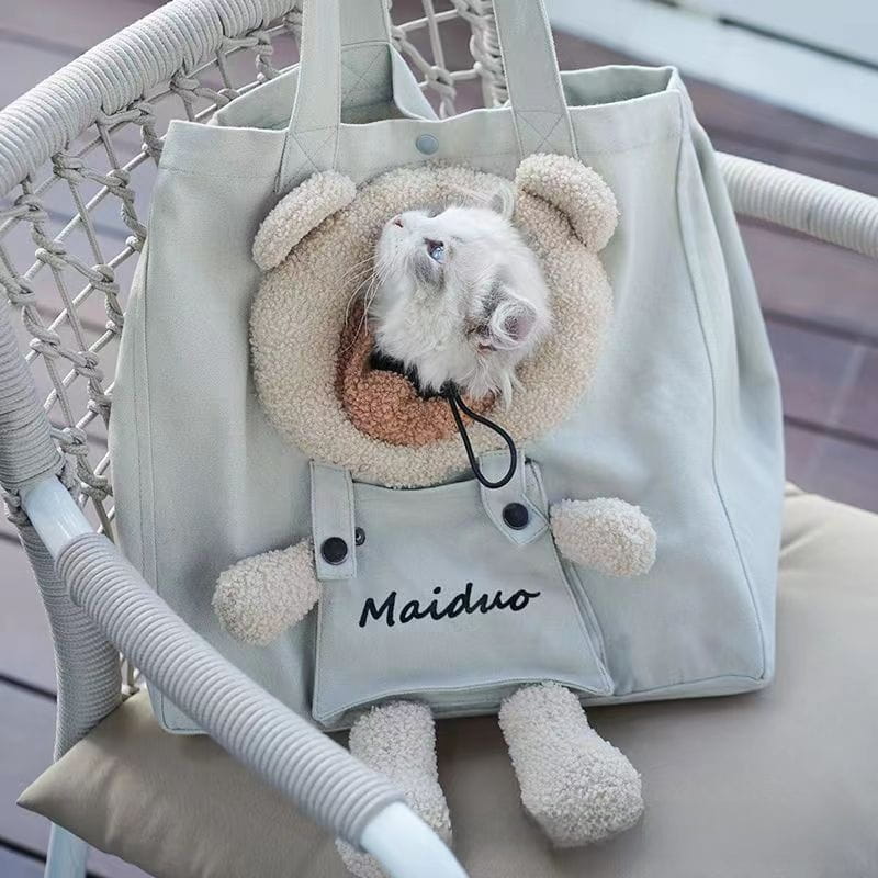 Cute 3D Bear Canvas Pet Carrier Tote - Breathable Head-Out Cat Shoulder Bag (Lightweight)