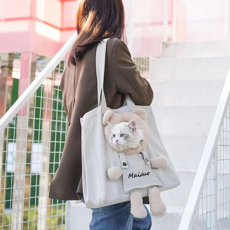 Cute 3D Bear Canvas Pet Carrier Tote - Breathable Head-Out Cat Shoulder Bag (Lightweight)
