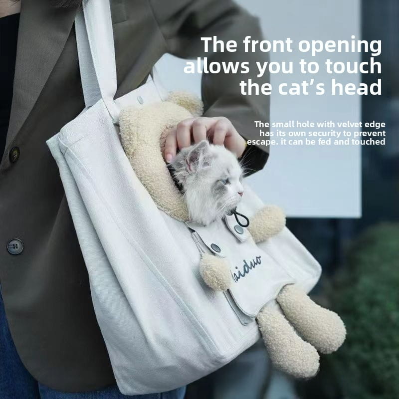 Cute 3D Bear Canvas Pet Carrier Tote - Breathable Head-Out Cat Shoulder Bag (Lightweight)
