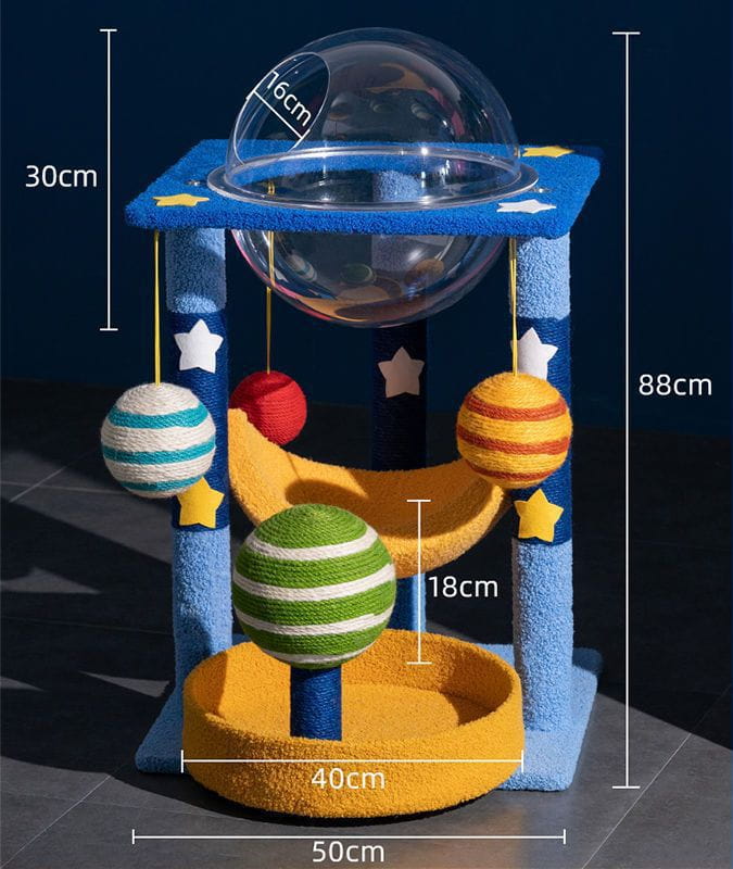 Galaxy Themed Cat Tree Tower with Acrylic Space Capsule - Teddy Velvet & Sisal Scratching Post Activity Center